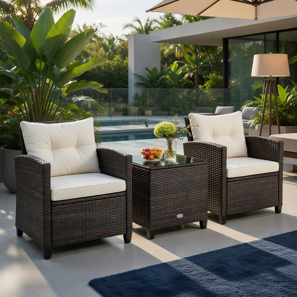 Hommoo 3-Piece Outdoor Rattan Patio Furniture Set with Cushions, Wicker Conversation Set Including 2 Chairs & 1 Coffee Table, White