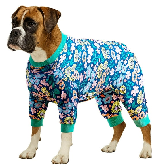 LovinPet Dog Outfits for Large Dogs Girl - Big Dog Clothes, Post Surgery Onesie, Lightweight Fabric Pitbull Dog Pullover Pajamas, Navy Wild Flowers Print,Full Coverage Dog PJ's,Blue Green XL