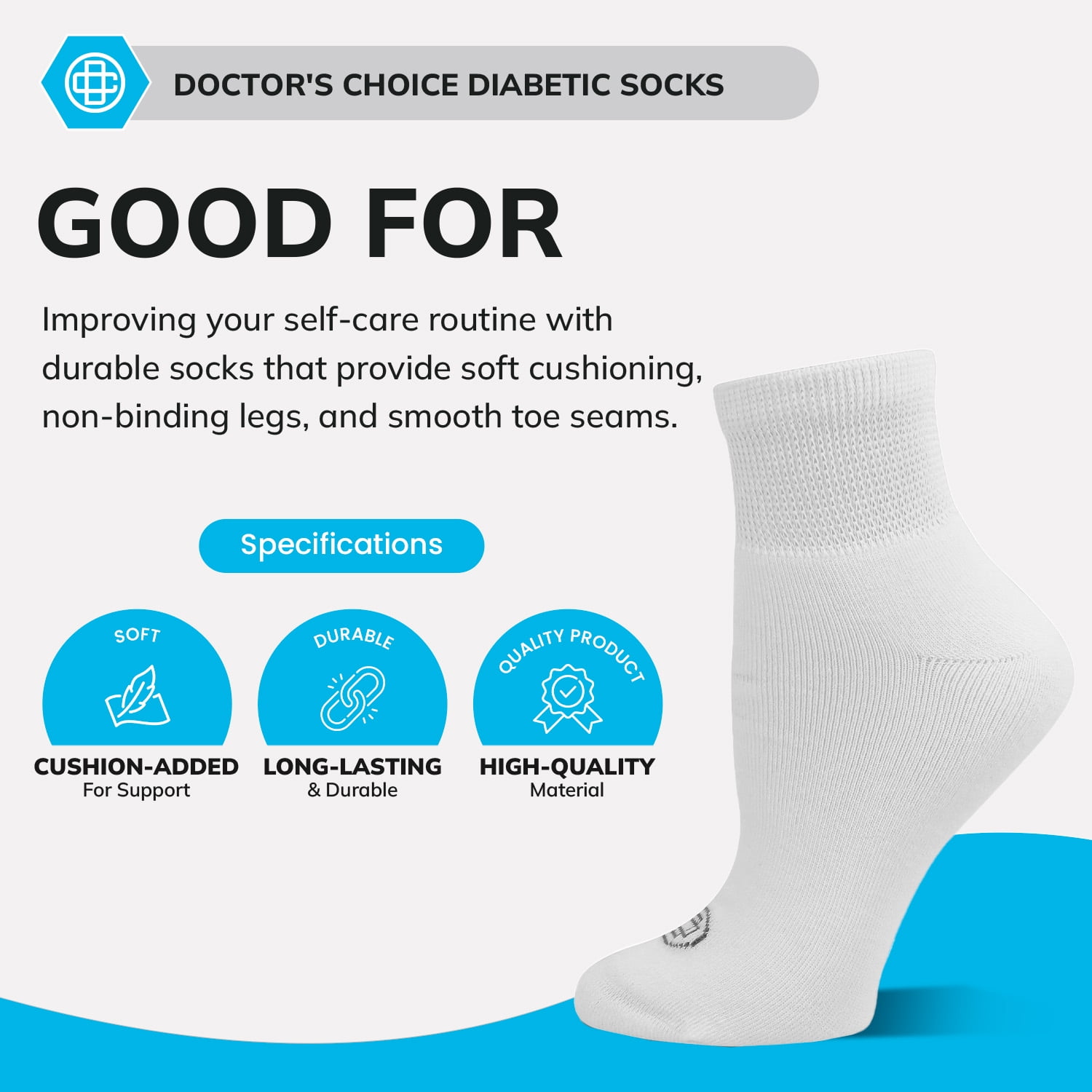 Doctor's Choice Diabetic Full Cushion Quarter Women's Socks, Large, Women's Shoe Size 10-13, 4 Pack