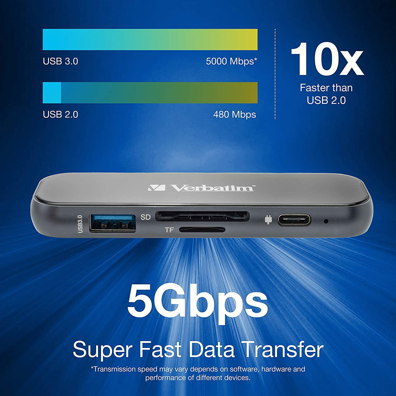 Verbatim 6-in-1 USB-C Hub Adapter with 100W Power Delivery, USB 3.0, SD Card Reader, Audio Port