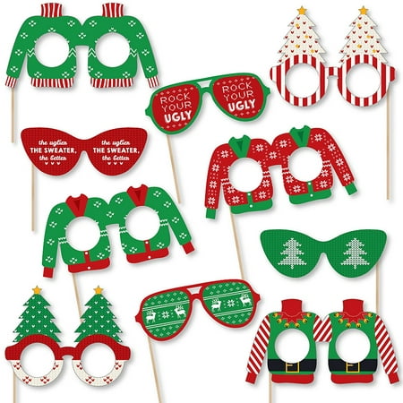Ugly Sweater Glasses and Masks - Paper Card Stock Holiday & Christmas Party Photo Booth Props Kit - 10 Count 