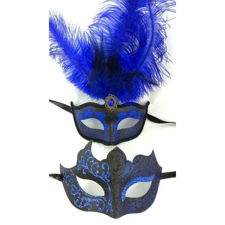 Blue Black Couples Man Woman Masquerade Mardi Gras Male Female Set Feather Mask