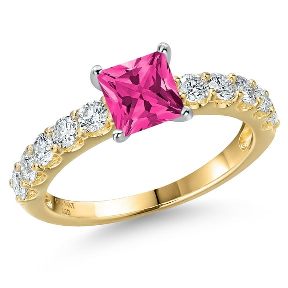 Gem Stone King 14K Two Tone Gold Pink Mystic Topaz and Lab Grown Diamond Engagement Ring for Women | 1.45 Cttw | Princess 5MM | Gemstone November Birthstone | Size 7