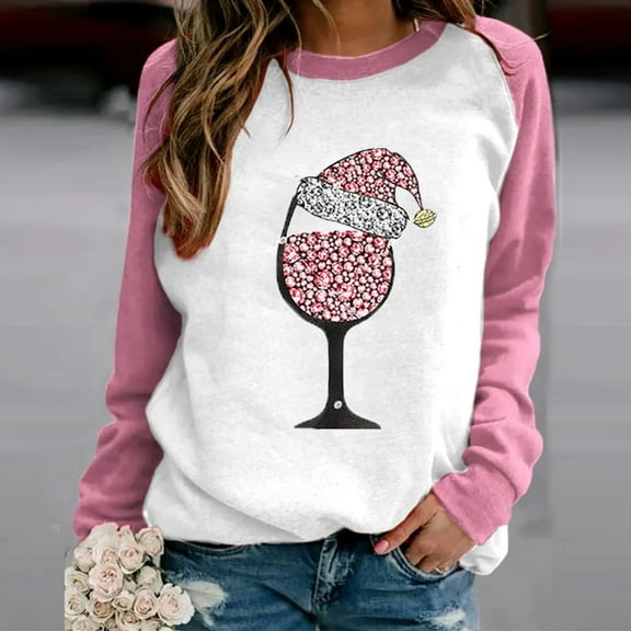 pimelu Christmas Sweater Womens Crewneck Sweatshirt Christmas Fashion Wine Glasses Graphics Pink Patchwork Shirts Ladies Long Sleeve Plus Size Pullover Tops