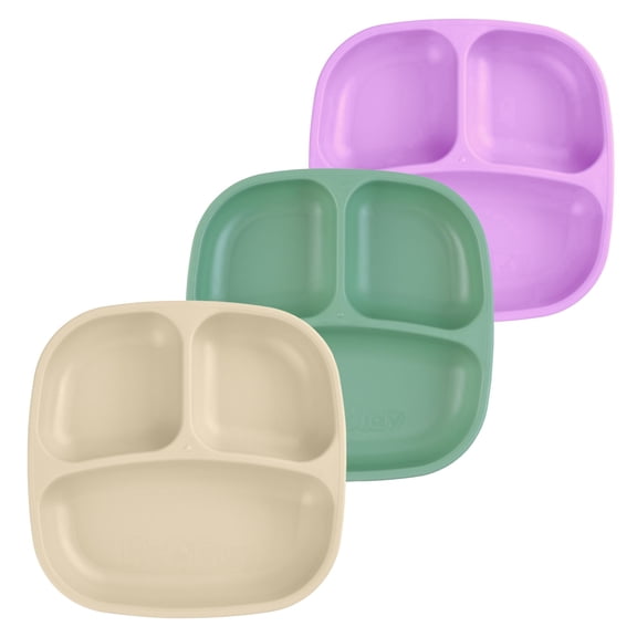 Re-Play Divided Toddler Plates - Set of 3 Deep Section Plates for Kids - Dishwasher Safe, BPA-Free - Harvest Haze