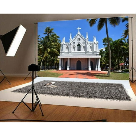 Image of HelloDecor 7x5ft White Church Backdrop Cross Coconut Tree Red Brick Floor Grass Field Blue Sky Nature Wedding Photography Background Kids Children Adults Photo Studio Props