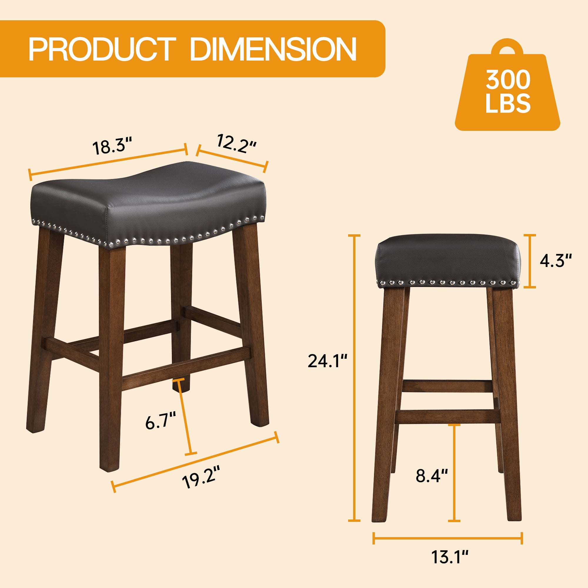 TrumanPick 24" Bar Stools Set of 2 Counter Height Stools Modern Saddle Barstools for Kitchen Island Leather Bar Chairs, Brwon