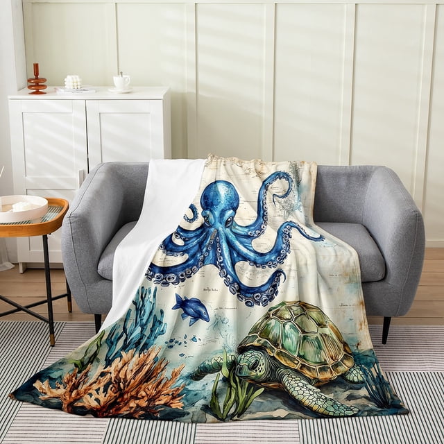 Erosebridal Kids Octopus Flannel Blanket, Retro Map Sherpa Throw, Nautical Ocean decor