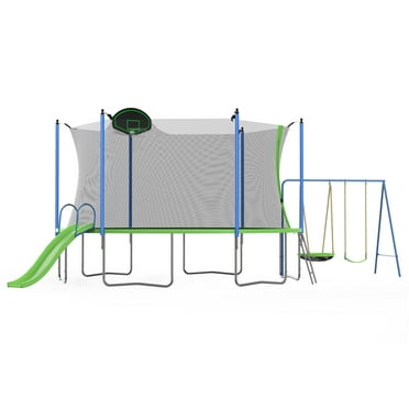 12FT Trampoline with Slide and Swings, Outdoor Backyard Trampoline with Net, Recreational Trampoline with Basketball Hoop and Ladder for Kids and Adults