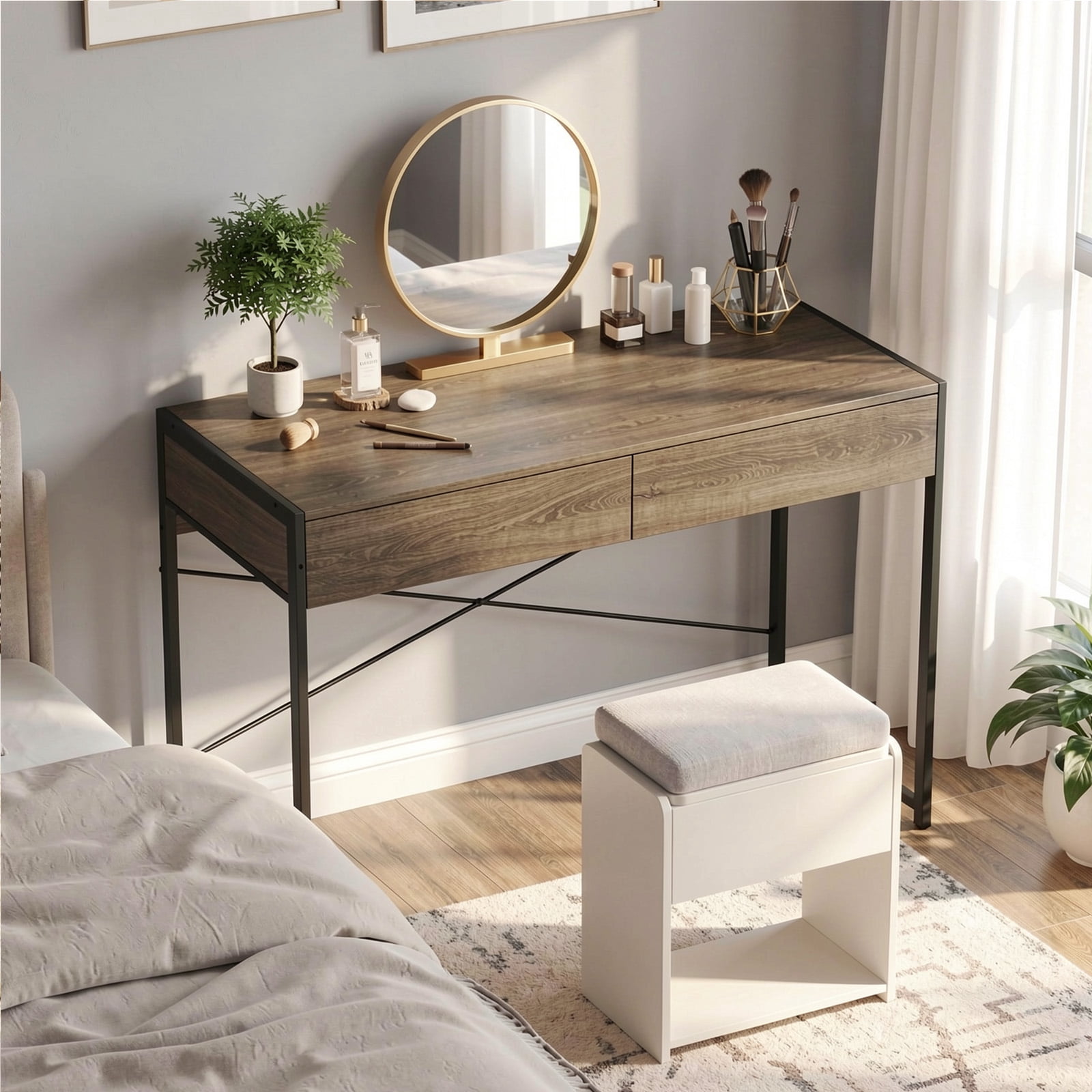Furnibear 44 Inch Computer Desk with 2 Drawers Home Office Writing Desk Metal Frame X Bracket Engineered Wood Top 200 lbs Capacity Oak