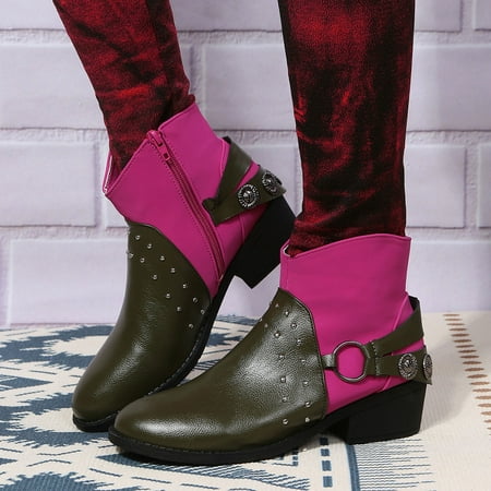 

Fashion Women Color Matching Autumn Square Heels Zipper Short Booties Inner Thin Fleece Keep Warm Round Toe Shoes