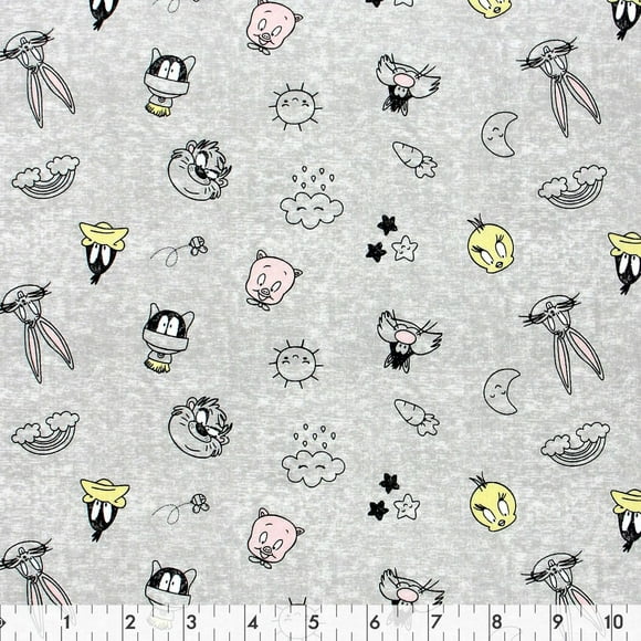 Fabric Creations Grey with Bugs Bunny and Looney Toon Heads Cotton Fabric by the Metre