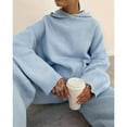 thumbnail image 6 of Women'S Two Piece Outfits Casual Knit Hooded Sweater Straight Leg Pants Set Fall Lounge Travel Clothes Blue S, 6 of 7