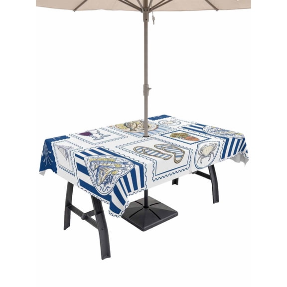 Outdoor Tablecloth with Umbrella Hole for Patio/Picnic/Party/Camping, Summer Ocean Waterproof Table Cloth Rectangle Table Cover Washable, Nautical Coastal Fish Food Wine Crab Navy Blue (60"x 120")