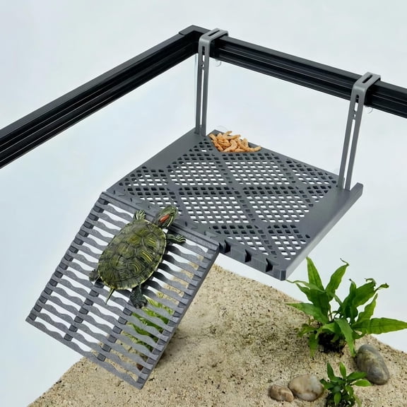 BESTSKY Solidform Hanging Turtle Basking Platform with Built-In Food Tray,Zero Zip-Tied,Non-Slip Ramp Terrace,Resting Turtles Dock,For 25–75 Gallon Aquariums Frog Turtle Turtle Tank Accessories