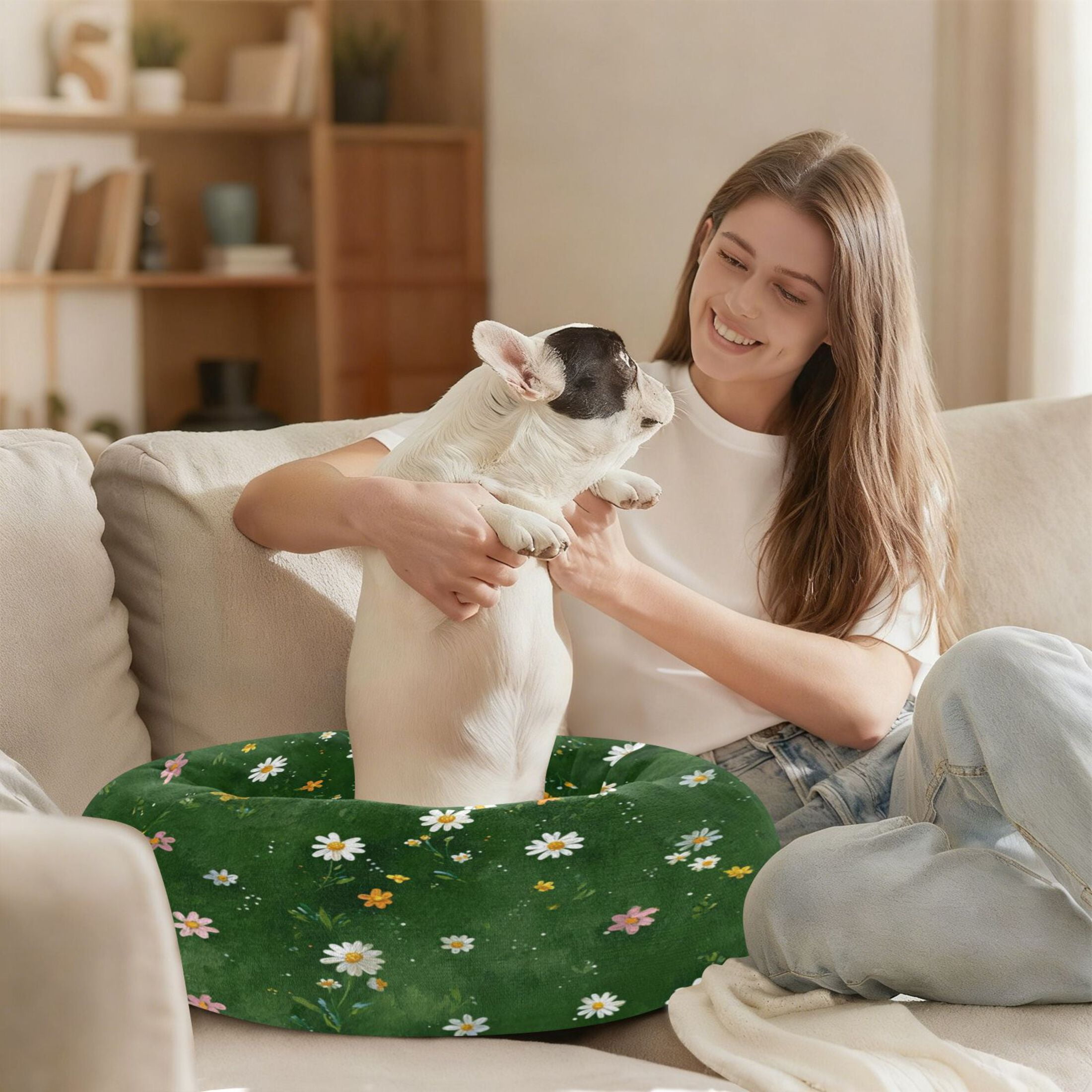 Iauyy Pet Couch Donut Cat Bed for Indoor Cats/Small Dogs Washable & Machine with Non-slip Bottom Calming Cat Furniture, All Kinds Of Daisies (M)