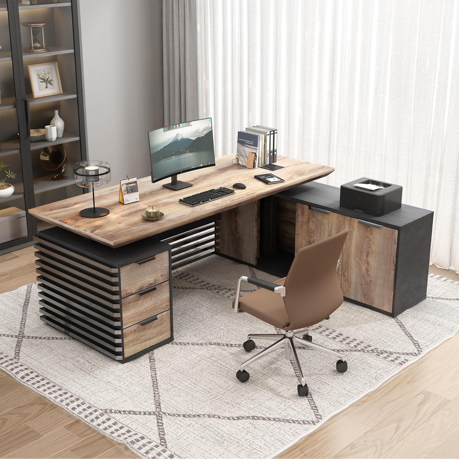 Adjustable Height L Shaped Executive Desk with Universal Charging Ports