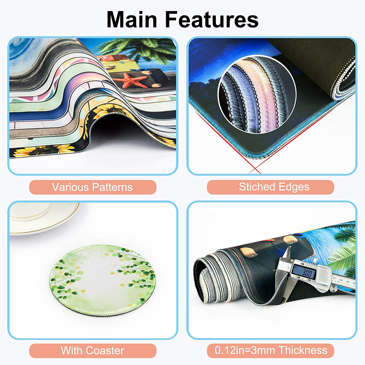 Large Gaming Mouse Pad with Coaster, Desk Mat, Desk Pad, Mouse Pads for Desk Protector, Stitched Edges Big Extended Mousepad for Computer Keyboard Laptop Office Decor, 31.5'' x15.6'' -Green Leaves