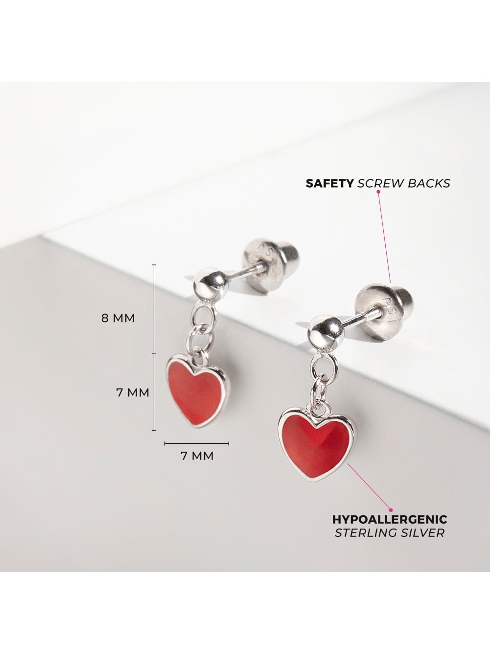 925 Sterling Silver Enamel Heart Screw Back Dangle Earrings Girls Teens