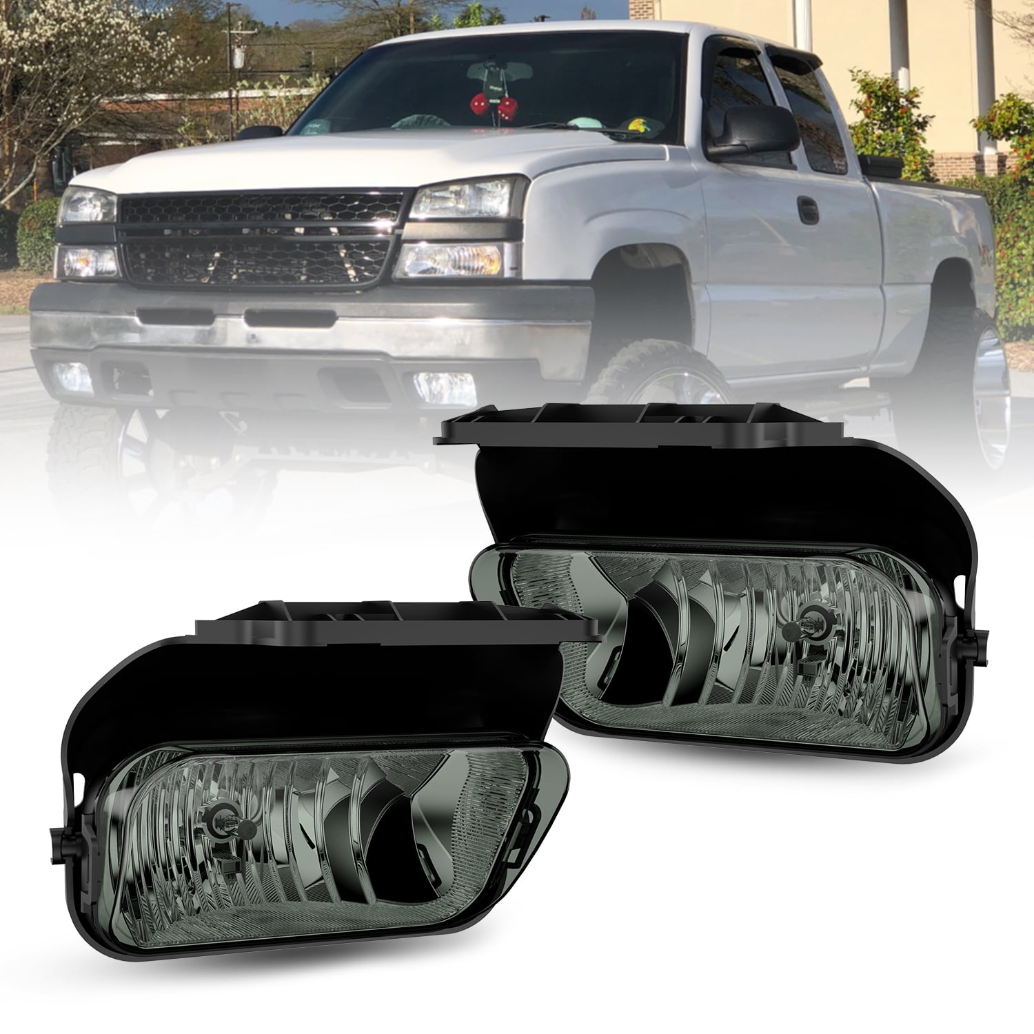 Driving Fog Lights Lamps Replacement for Chevy Silverado 2003 2004 2005 2006 2007 All Models Avalanche 2002-2006 Without Body Cladding H10 12V 42W Halogen Bulbs Clear Lens 