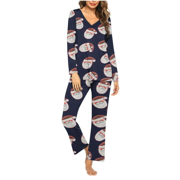 Censtreet V-neck Long Sleeved Pajamas Set for Women,Printed Casual Sleepwear,2 Piece Christmas Snug-Fit Loungewear