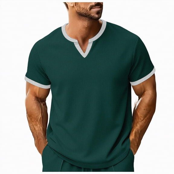 Leey-World Tshirt for Men Men's Casual Henley Shirt Short Sleeve Cotton Pique Band Collar Shirt Summer Button Basic Tee Shirts(Dark Green,L)