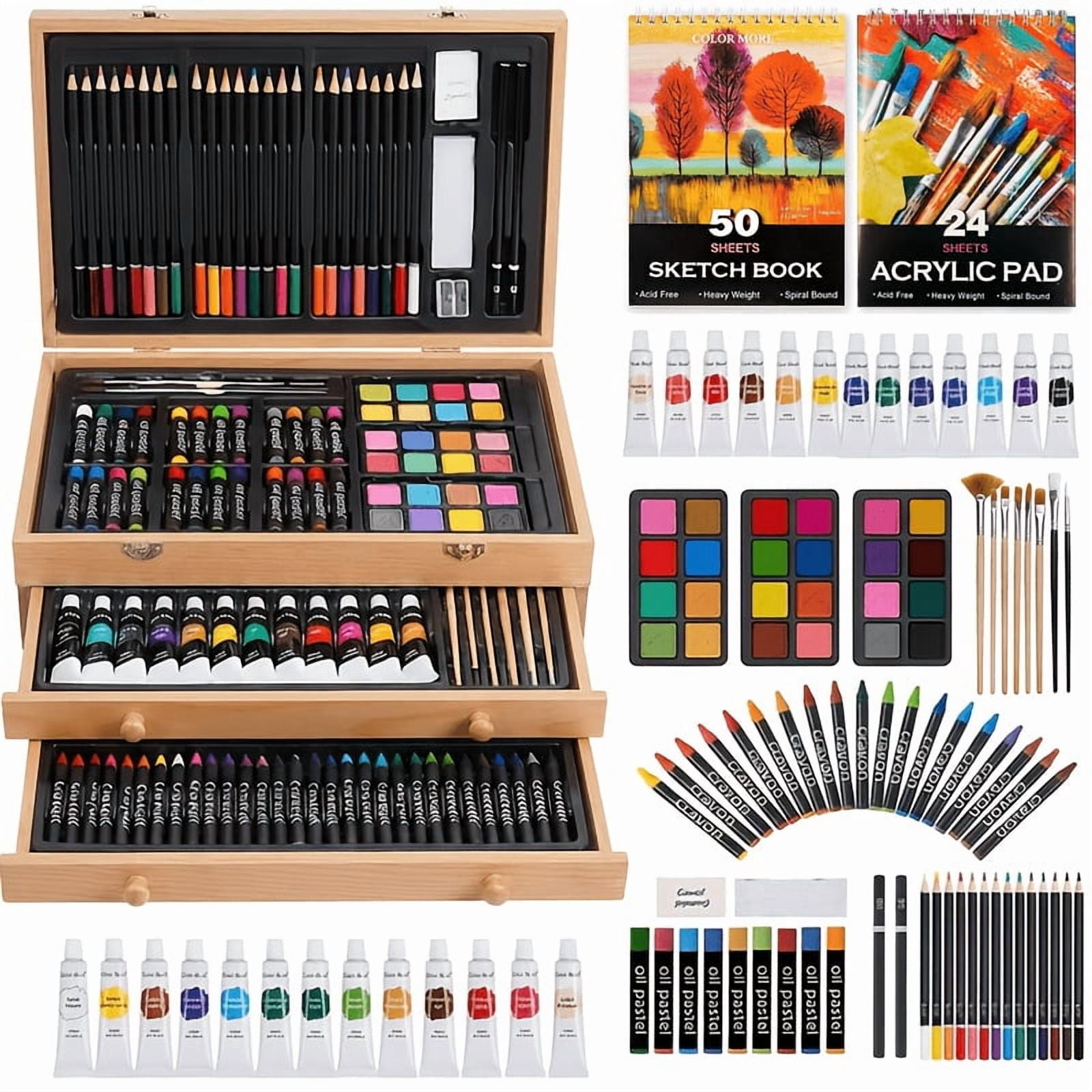 Art Set with Wooden Case, 173-Piece Drawing and Painting Kit for Kids, School, Travel