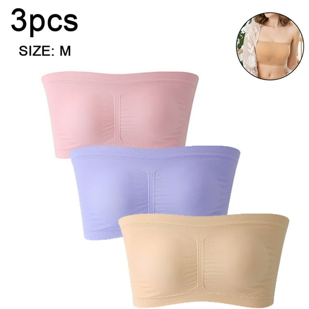 3 pcs Women's Padded Bandeau Bra, Strapless Removable Pads Tube