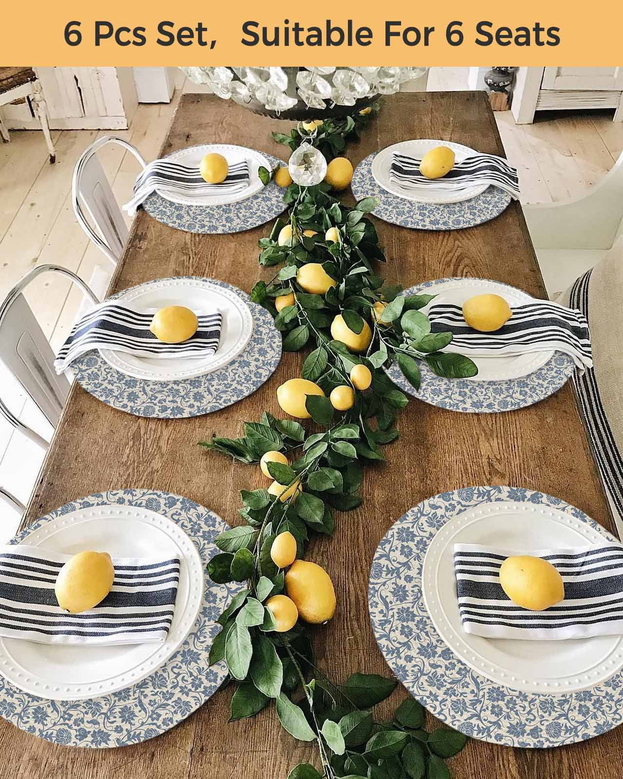15 Inch Round Placemats Set of 4, Light Blue Floral Non Slip Heat Insulation PP Table Mats, Rustic Vintage Flowers Botanical Spring Washable Place Mats for Kitchen Dining Party Table Decor