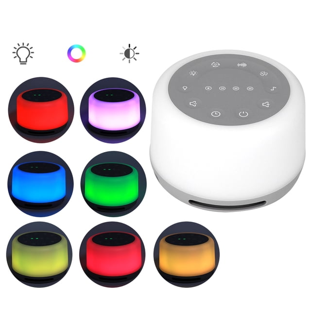 Ymiko Sleep Noise Machine, a portable white noise machine with a compact design, featuring 7 colored night lights and 24 sound options, including 7 white noise, 7 fan sounds, and 10 natural relaxing sounds. The device includes adjustable brightness, breathing light modes, and a timer function for 30, 60, or 90 minutes. Suitable for aiding sleep, relaxation, and stress relief, it is USB rechargeable and made of durable ABS material.