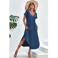 thumbnail image 2 of Ekouaer Long Nightgowns for Women Short Sleeve House Dress with Pockets V Neck Sleepshirts Side Split Sleepwear, 2 of 5