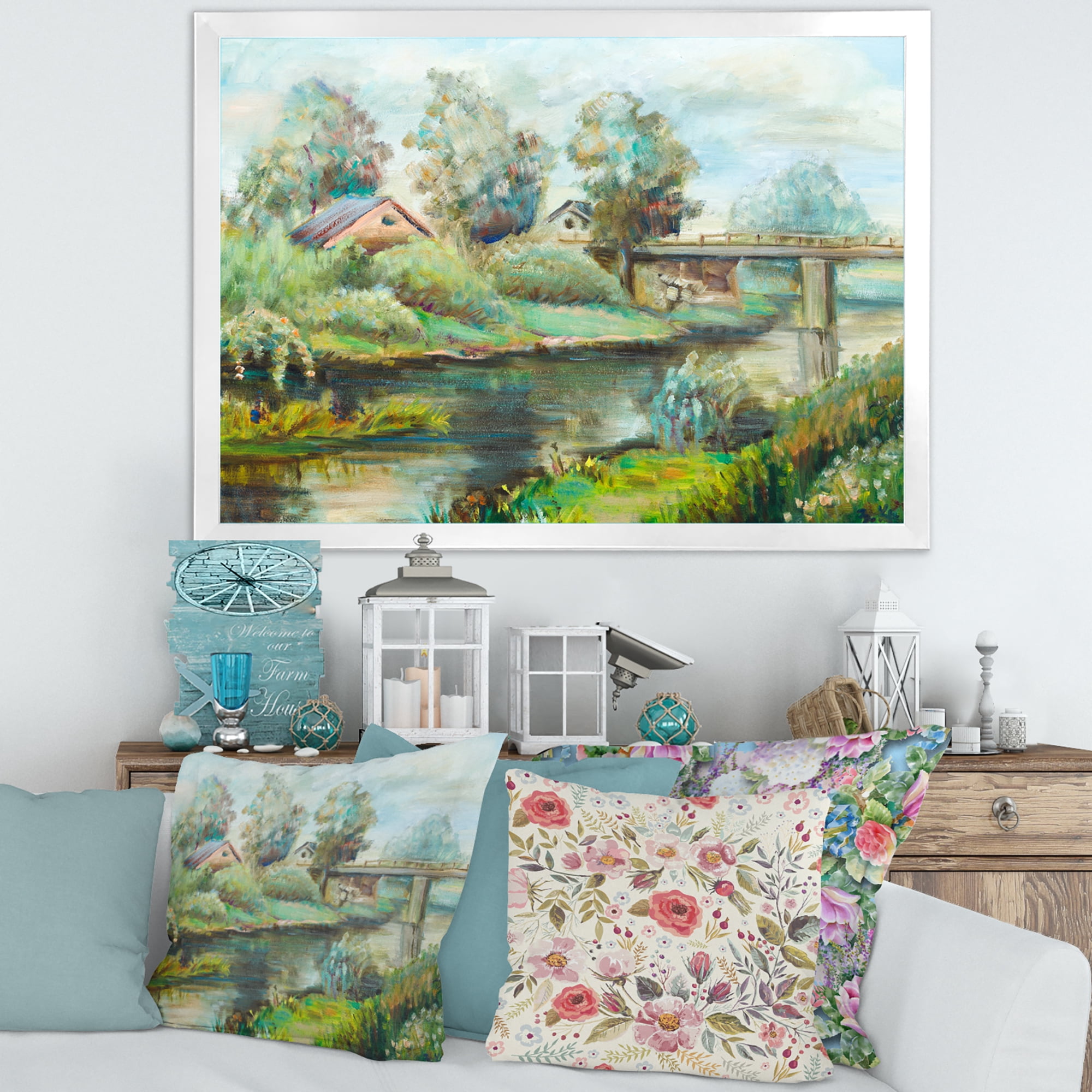 Designart 'Rustic Landscape With Bridge On The River' Lake House Framed Art Print