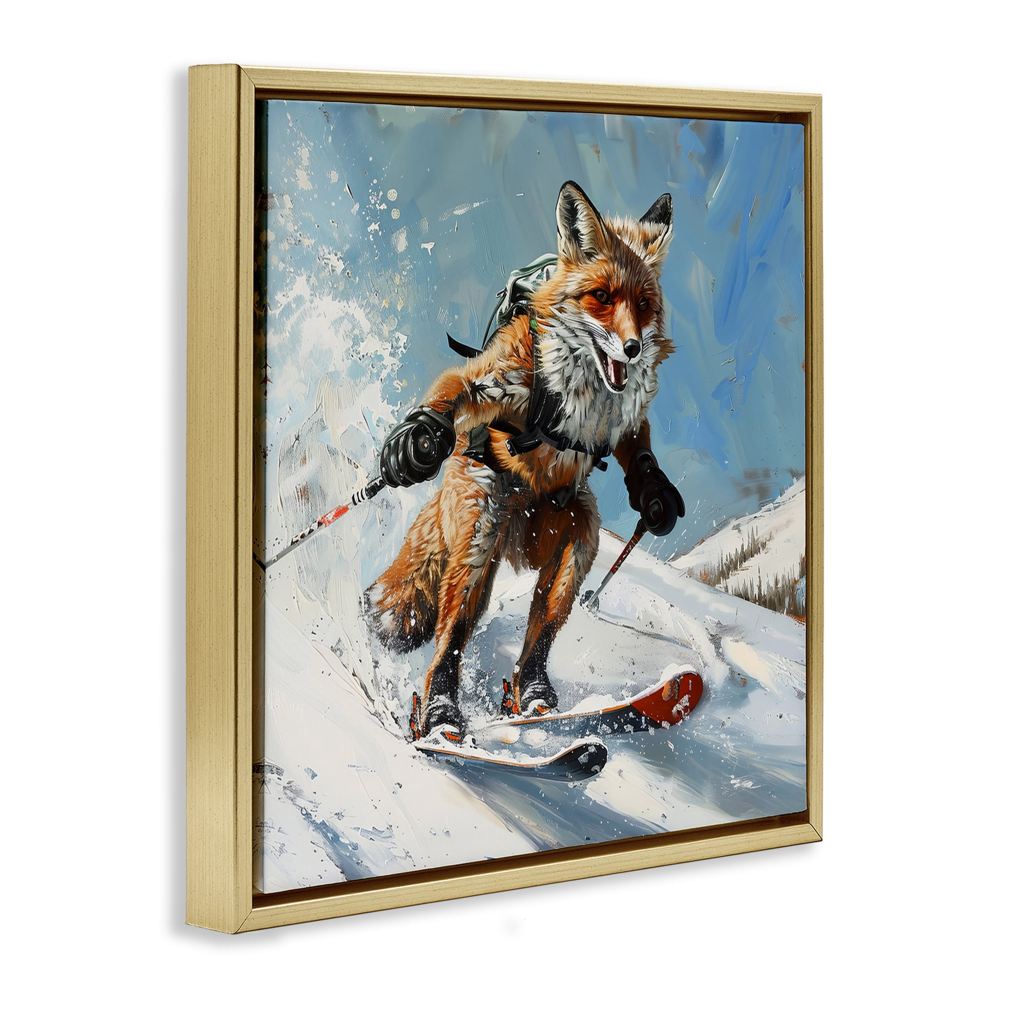 Stupell Industries Skiing Slopes Fox Animals Painting Gold Floater Framed Canvas Art Print Wall Art, 18 x 18