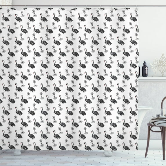 Swans Shower Curtain, Repetitive Black Gracious Aquatic Birds with Lotus and Water Lillies Print, Fabric Bathroom Set with Hooks, 69"WX70"L, Coral Charcoal Grey, by Ambesonne