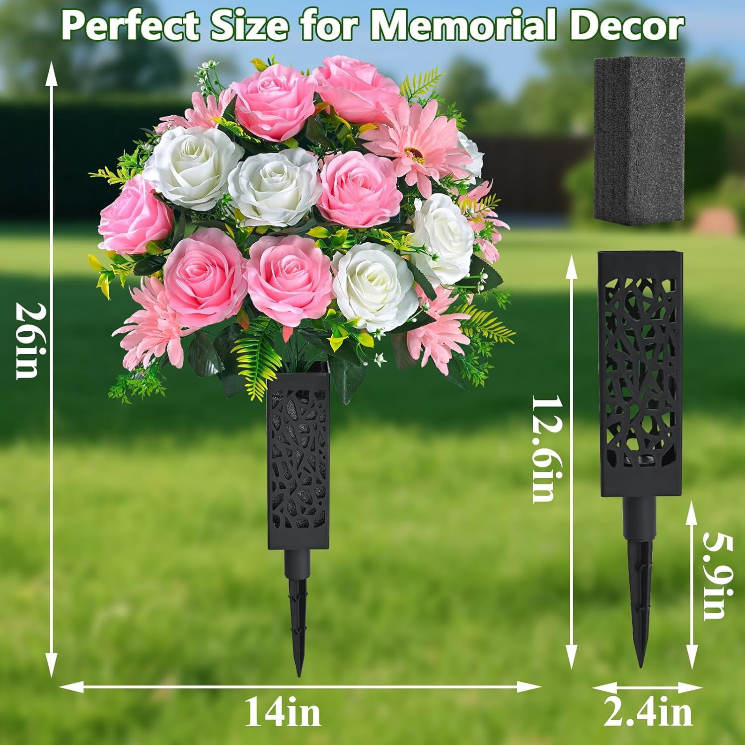 Lyacmy Set of 2 Artificial Cemetery Flowers with Vase, Memorial Day Flowers for Cemetery Outdoor Grave Headstones Decorations, White Pink