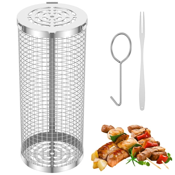 Jokapy Rolling Grilling Basket, Round Stainless Steel BBQ Grill Mesh, 8