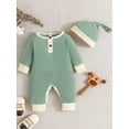 thumbnail image 2 of Infant Baby Girls Boys Rompers Patchwork Crew Neck Long Sleeve Jumpsuits Bodysuits with Hat, 2 of 7