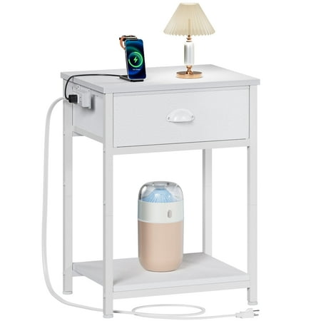 Furologee White Nightstand with Charging Station, Sturdy Bedside Table with Fabric Drawer, 3 Tiers End Table for Living Room, Bedroom