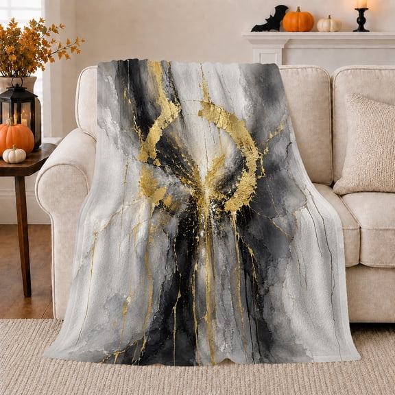Modern Abstract Marble Art Gold Accents, Festive autumn celebration Scene, Warm Flannel Blanket for Living Room and Family Room, Art Lovers autumn celebration Gift, Festive Home Decor