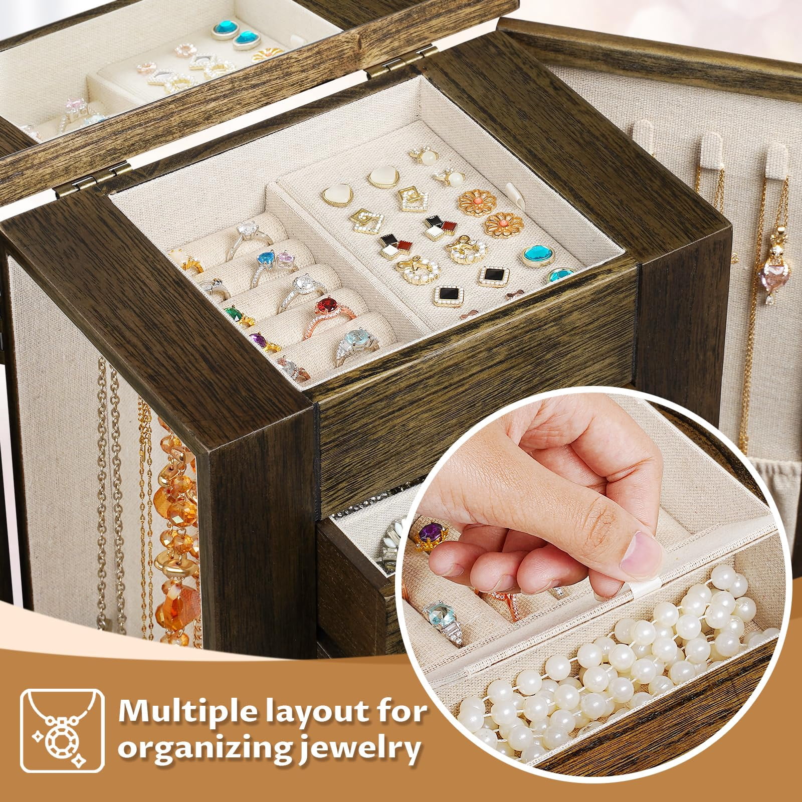 Jewelry Box for Women, 5 Layer Large Wood Boxes & Organizers for Necklaces Earrings Rings Bracelets, Rustic Organizer with Drawers and Mirror, Light Taupe