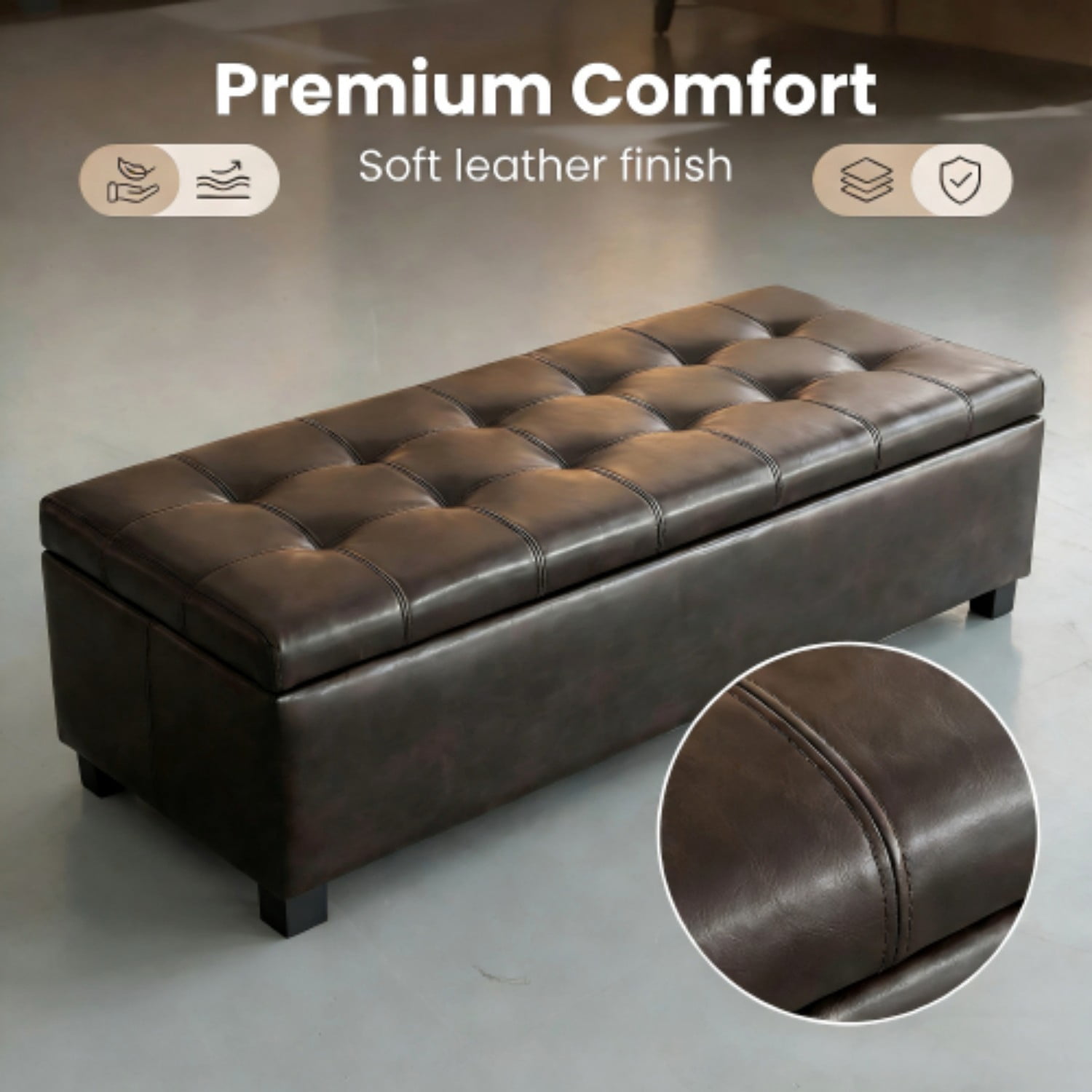 49.75" Storage Ottoman Bench, Tufted Entryway Bench with Safety Hinge, Wooden Legs Faux Leather Storage Seat for Bedroom Living Room, Brown