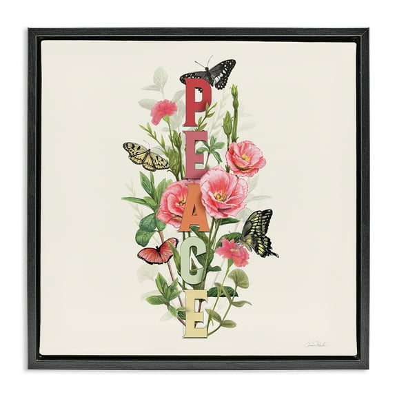 Stupell Industries Peace with Butterflies Botanical & Floral Painting Black Floater Framed Canvas Art Print Wall Art, 18 x 18