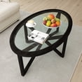 thumbnail image 3 of Oval Tempered Glass Coffee Table, Sofa Side Table with Solid Wood Frame and Glass Top, Modern Center Table for Living Room Home Office, Black, 3 of 9