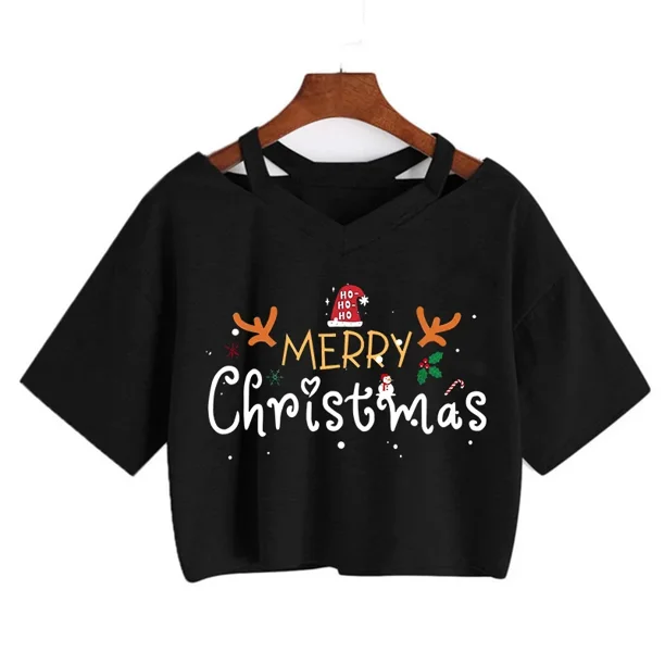 Camiseta de árbol de leopardo de Reno para mujer, ropa de Navidad, Tops cortos de Feliz Navidad, camiseta gótica Harajuku, camiseta de Mange de Año Nuevo
