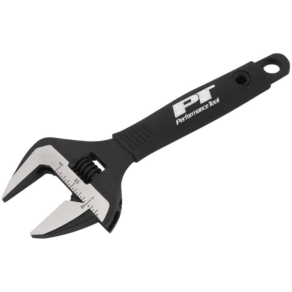 Performance Tool W30621 6-Inch Wide Mouth Adjustable Wrench: 1-3/8-in Jaw Capacity, Chrome Vanadium Steel, Ergonomic Molded Grip, Black Phosphate Finish, SAE/Metric Graduations, Black