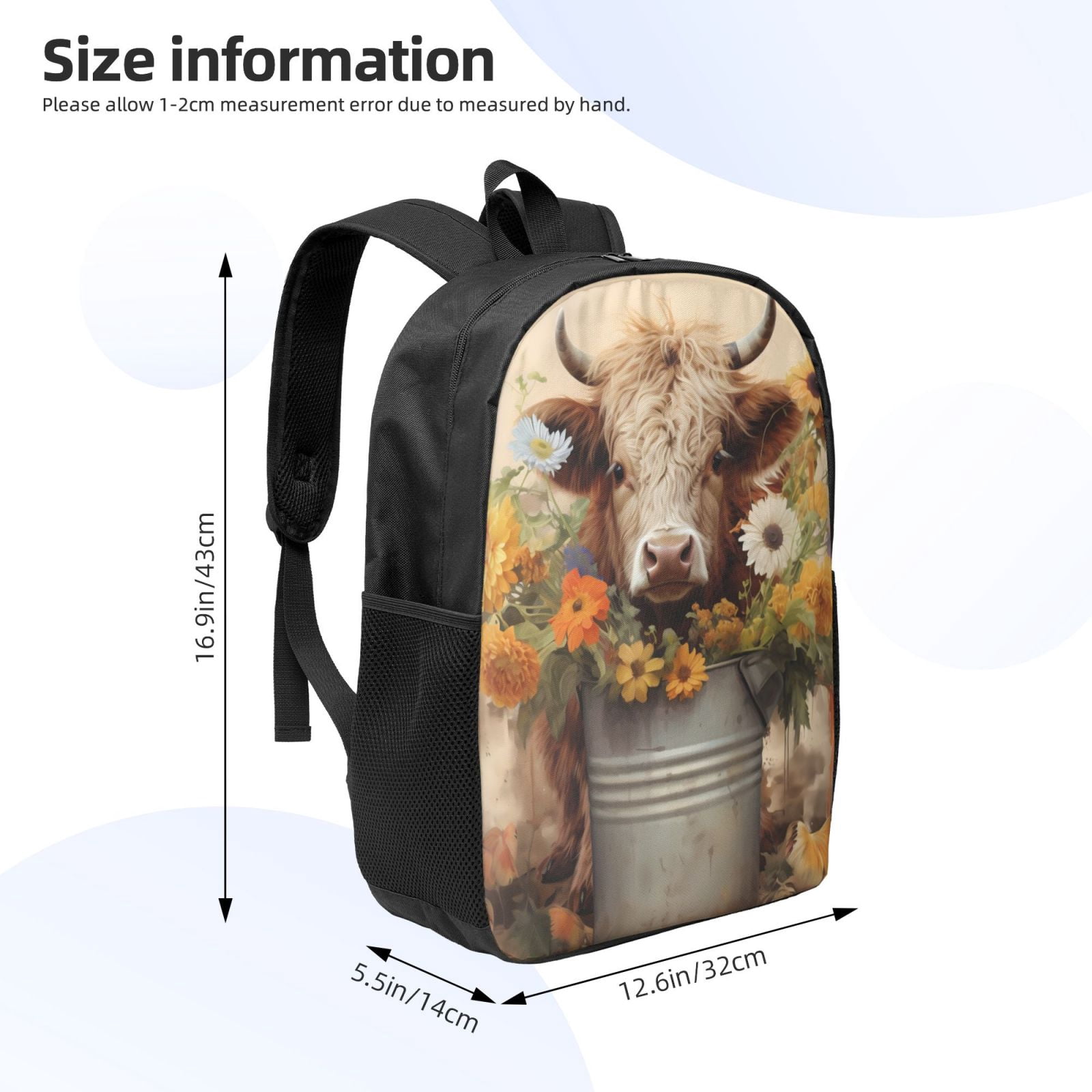 Xecao Bucket Flower Cow print Travel Backpack, Large Computer Backpack for Men Women, College School Rucksack Book Bag