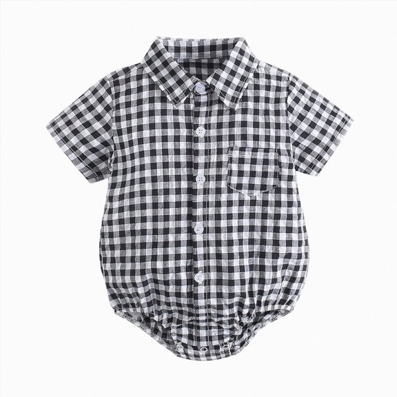 boobe Infant Newborn Kids Baby Boys Girls Short Sleeve Patchwork Plaid Shirt Romper Bodysuit Outfit