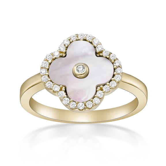 Mother of Pearl Flower Ring in Yellow Gold Plated Sterling Silver with Cubic Zirconia Halo Jewelry Gift for Women - Size 8