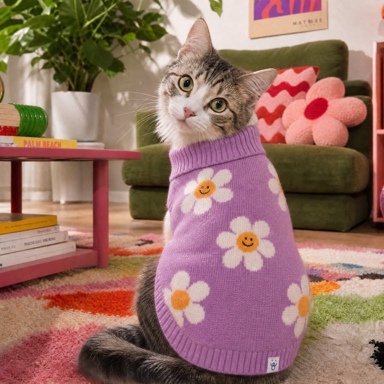 Oodles Purple Daisy Dreams Turtle Neck Pet Sweater, Small