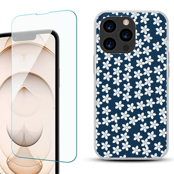 Slim-Fit Anti-Scratch Gel TPU Phone Case for iPhone 13 Pro, with Tempered Glass Screen Protector, by OneToughShield ® - Flower/Blue